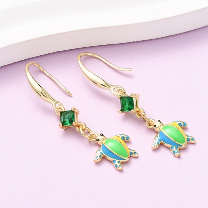 Серьги-подвески с черепаховым принтом из латуни с микропаве из кубических цирконий, с эмалью, долговечный, стойки покрытие, без кадмия и без свинца