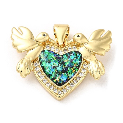 Rack Plating Brass Micro Pave Cubic Zirconia with Synthetic Opal Pendants, with Jump Ring, Lead Free & Cadmium Free, Long-Lasting Plated, Heart with Bird