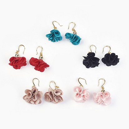 Cloth Pendant Dangle Earrings, with Acrylic and Brass Findings, Flower, Golden