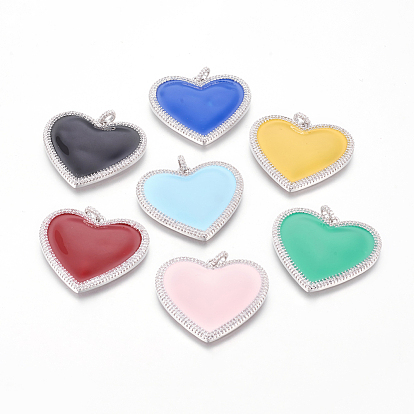 Brass Enamel Pendants, with Micro Pave Cubic Zirconia, Heart, Platinum