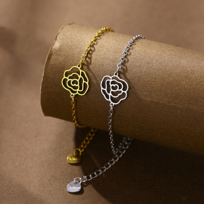 304 Браслеты из нержавеющей стали с звеньями в виде роз, браслеты-цепочки для женщин
