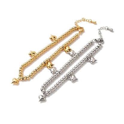 304 браслет-подвеска в виде сердца из нержавеющей стали с круглыми бусинами из нержавеющей стали для женщин