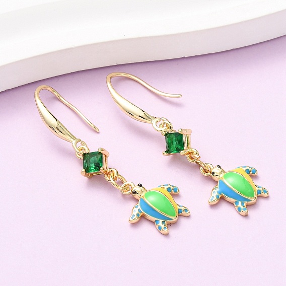 Серьги-подвески с черепаховым принтом из латуни с микропаве из кубических цирконий, с эмалью, долговечный, стойки покрытие, без кадмия и без свинца
