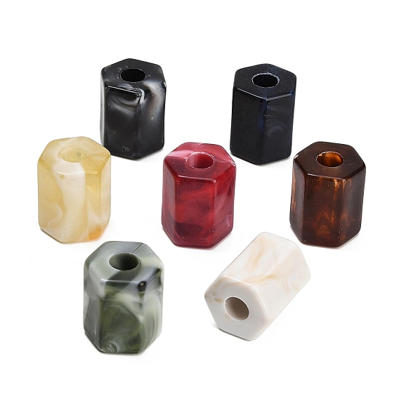 Opaque Acrylic Imitation Gemstone Beads, Large Hole Beads, Hexagon Column, Faceted, Two Tone