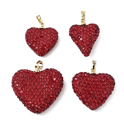 Brass Rhinestone Pendants, Heart Charms, with Polymer Clay, Ion Plating(IP), Long-Lasting Plated, Lead Free & Cadmium Free