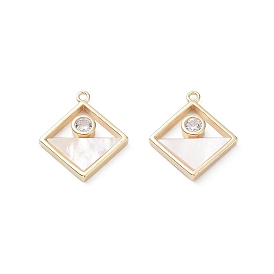 Rack Plating Brass Shell Pendants, with Cubic Zirconia, Long-Lasting Plated, Rhombus Charms