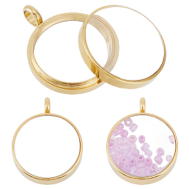 2Pcs 304 Stainless Stee Locket Pendants, with Glass, Flat Round Charms, Ion Plating(IP)