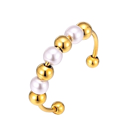 304 Stainless Steel Open Cuff Ring, Round Plastic Imitation Pearl Ring for Women