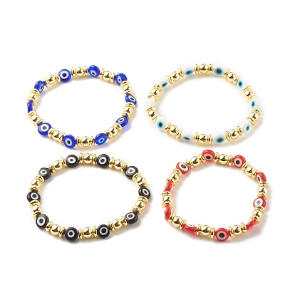 Flat Round with Evil Eye Lampwork Stretch Bracelet Synthetic Hematite, Gemstone Jewelry for Women