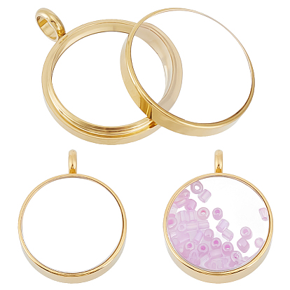 2Pcs 304 Stainless Stee Locket Pendants, with Glass, Flat Round Charms, Ion Plating(IP)