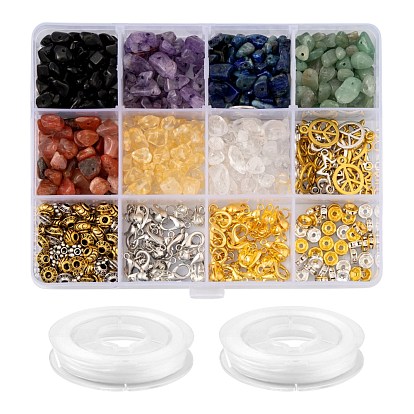 Bricolage 7 kits de fabrication de bracelets de chakra, y compris les perles de copeaux de pierres précieuses, breloques et perles en alliage, perles de fer et pointes de perles, fermoirs en alliage, 304 Anneaux en acier inoxydable, fil élastique