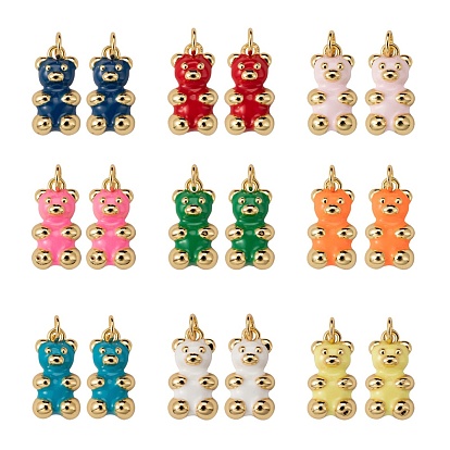 9Pcs 9 Colors Real 18K Gold Plated Brass Pendants, with Enamel and Jump Rings, Long-Lasting Plated, Bear