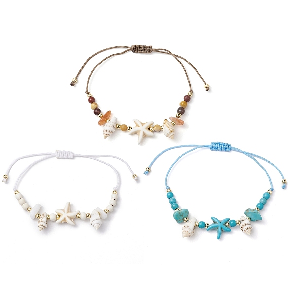 3 piezas 3 estilos conjuntos de pulseras de cuentas trenzadas ajustables para mujeres, con cuentas de piedras preciosas, Cuentas de concha y cuentas de vidrio, caracoles y peces marinos