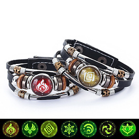 Elemental Nightglow Bracelet - Stylish Multi-Layered Beaded Leather Wrist Accessory for Gamers with Eye of the Storm, Fire, Ice and Thunder Elements