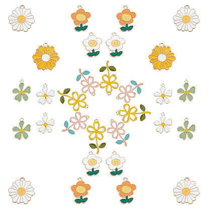 32Pcs 8 Style Alloy Enamel Pendants, Light Gold, Flower