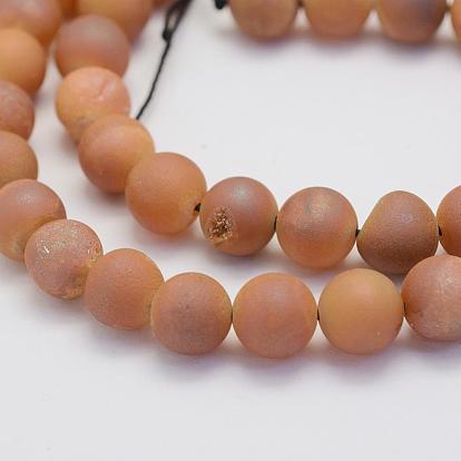 Electroplate Natural Druzy Agate Beads Strands, Dyed, Round, Frosted
