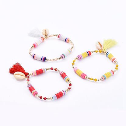 Stretch Charm Bracelets, with Polymer Clay Heishi Beads, Cotton Thread Tassels, Cowrie Shell Beads, Faceted Glass Beads and Brass Beads