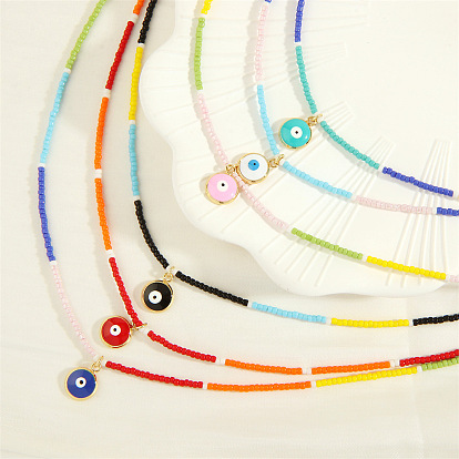 Colorful Glass Bead Necklace with Devil Eye Oil Pendant - Fashionable, Luxurious.