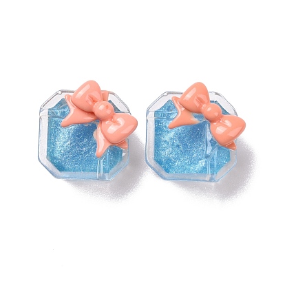 Transparent Resin Cabochons, with Glitter Powder, DIY Accessories, Octagon Gift Box with Bowknot