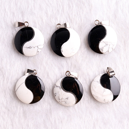 Natural Howlite Bagua Pendants, Yin-yang Charms, Mixed Dyed and Undyed, White