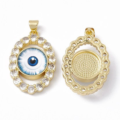 Rack Plating Brass Micro Pave Clear Cubic Zirconia Pendants, with Resin, Real 18K Gold Plated, Long-Lasting Plated, Cadmium Free & Lead Free, Oval with Evil Eye
