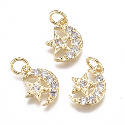 20pcs breloques en laiton micro pavé de zircone cubique, avec anneau de saut, plaqué longue durée, lune avec étoile, clair
