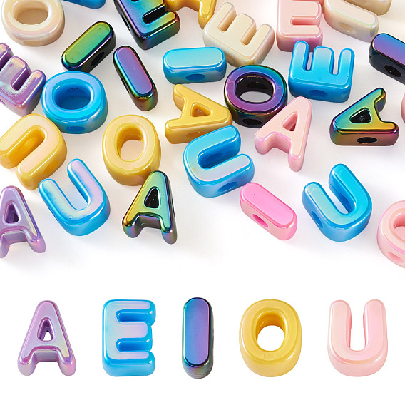 30Pcs 5 Styles UV Plating Opaque Acrylic Beads, Iridescent, Letter A E I O U