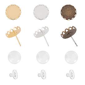 DIY Stud Earring Making Kits, with Brass Stud Earring Settings, Silicone Ear Nuts and Transparent Glass Cabochons, Antique Bronze & Golden & Platinum
