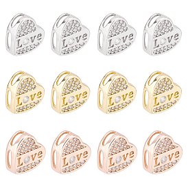 SUPERFINDINGS 12Pcs 3 Colors Brass Micro Pave Clear Cubic Zirconia Slide Charms, Long-Lasting Plated, Heart with Word LOVE