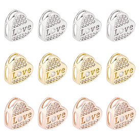12Pcs 3 Colors Brass Micro Pave Clear Cubic Zirconia Slide Charms, Long-Lasting Plated, Heart with Word LOVE