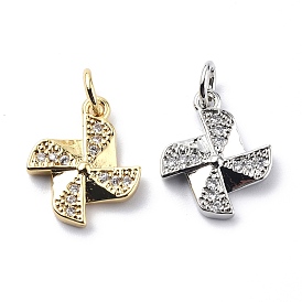 Brass Micro Pave Cubic Zirconia Charms, with Jump Ring, Windmill/Pinwheel Charms