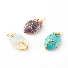 Pendentifs gainés de fil de pierres précieuses naturelles et synthétiques, avec du fil de bijoux en cuivre doré écologique, ovale