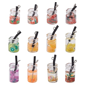 12 pcs 2 styles pendentifs de bouteilles en verre de résine, breloques de thé aux fruits avec argile polymère à l'intérieur et boucles en fer plaqué platine