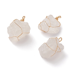 Natural Raw Rough Quartz Crystal Wire Wrapped Pendants, with Golden Eco-Friendly Copper Wire, Nuggets