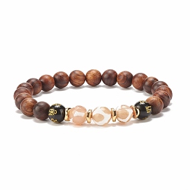 Mala-Perlenarmband, Stretch-Armband aus Naturholz und Edelsteinen mit tibetischen Dzi-Perlen, Om Mani Padme Hum Schmuck für Frauen