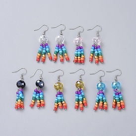 Chakra Glass Seed Beads Dangle Earrings, with Glass Beads and 304 Stainless Steel Findings