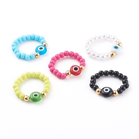 Acrylic Beaded Stretch Rings, with Round Handmade Evil Eye Lampwork Beads and Brass Beads, Golden