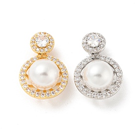 Brass Micro Pave Cubic Zirconia Pendants, with ABS Imitation Pearl Beads, Long-Lasting Plated, Round