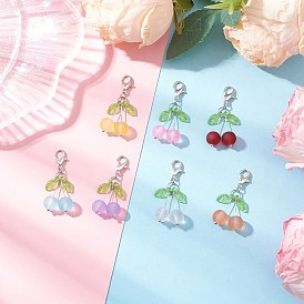7Pcs Glass Cherry Pendant Decorations, with Acrylic Leaf and Lobster Claw Clasps