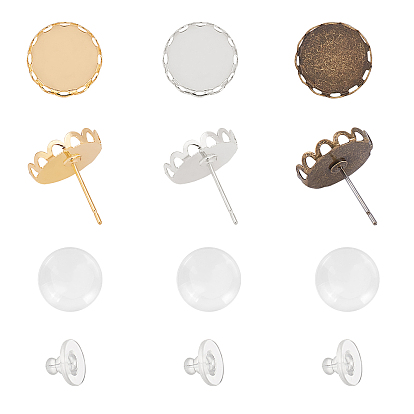 Kits de fabricación de aretes de bricolaje, con ajustes de aretes de bronce, tuercas de silicona y cabujones de vidrio transparente, bronce antiguo y dorado y platino