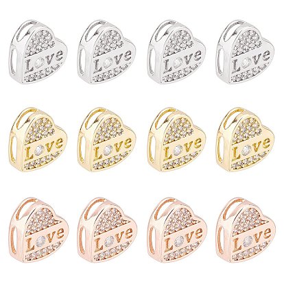 12Pcs 3 Colors Brass Micro Pave Clear Cubic Zirconia Slide Charms, Long-Lasting Plated, Heart with Word LOVE
