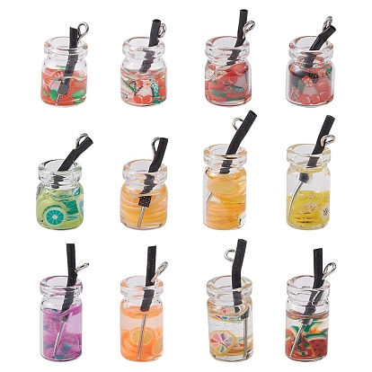 12Pcs 2 Styles Resin Glass Bottle Pendants, Fruit Tea Charms with Polymer Clay Inside and Platinum Plated Iron Loops