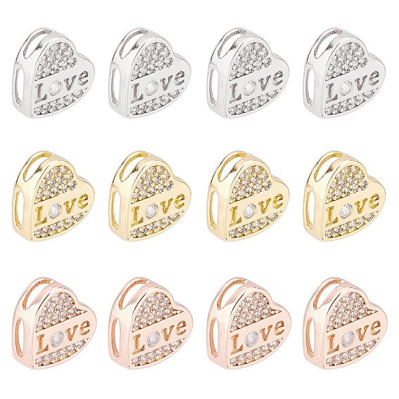 12 Stück 3 Farben Messing Micro Pave klare Zirkonia Schiebe-Charms, langlebig überzogen, Herz mit Wort Liebe