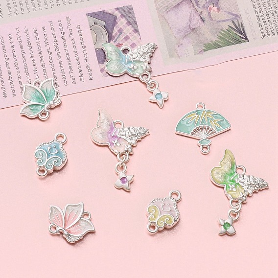 Подвески из сплава эмали, веер бабочка цветок, матовый серебристый цвет