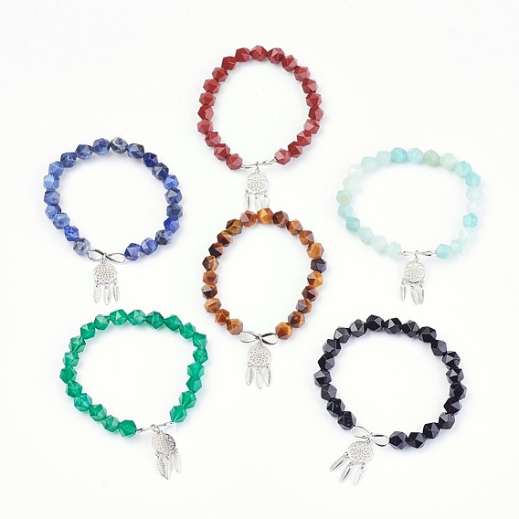Natural Gemstone Beads Charm Bracelets, with Brass Findings, Woven Net/Web with Feather