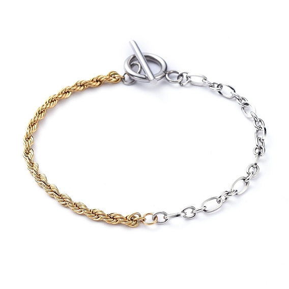 304 Stainless Steel Chain Bracelets, with Rope Chains, Figaro Chains and Toggle Clasps