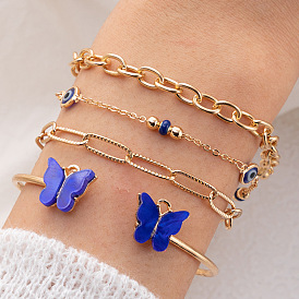 Multi-layered Blue Butterfly Charm Bracelet Set - 4 Piece Alloy Chain Jewelry Kit