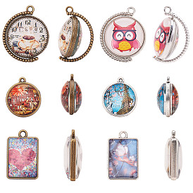 SUNNYCLUE DIY Pendants Making, with Tibetan Style Alloy Pendant Cabochon Bezel Settings, Double-side Tray and Transparent Glass Cabochons, Mixed Shapes