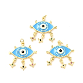 Rack Plating Brass Micro Pave Colorful Cubic Zirconia Pendants, with Jump Rings and Enamel, Cadmium Free & Lead Free, Golden, Evil Eye with Star