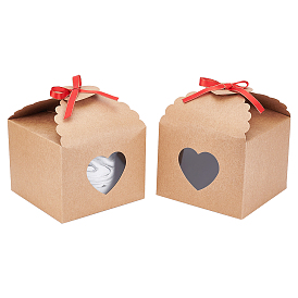 BENECREAT Kraft Paper Gift Box, with Heart Window and Ribbon, Wedding Decoration, Folding Boxes, Square